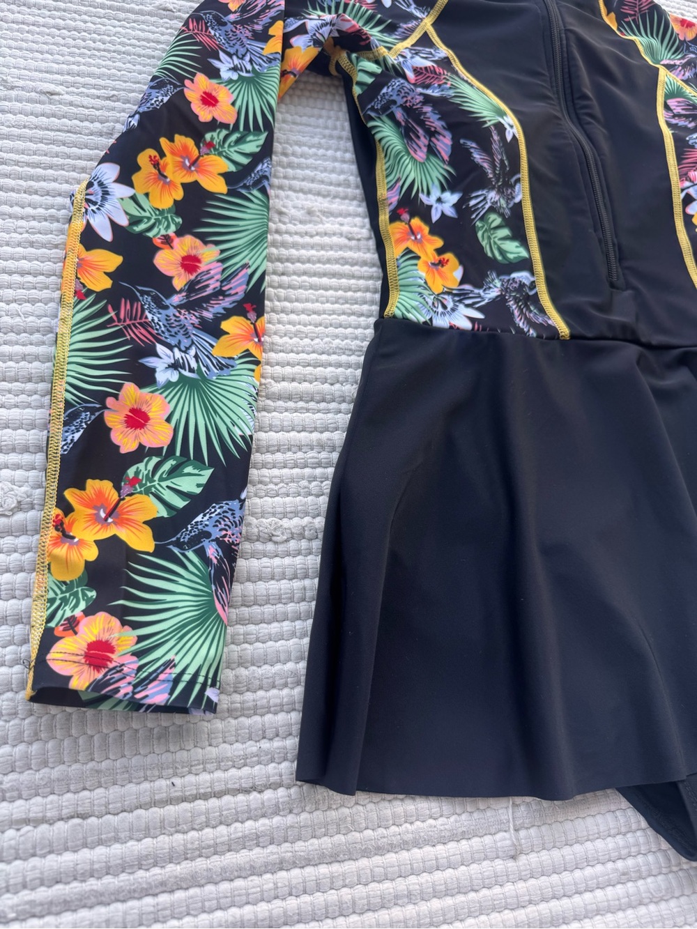 Amazon Black Tropical Floral Long-Sleeve Rash Guard Swim Dress with Yellow Trim - Picture 3 of 12
